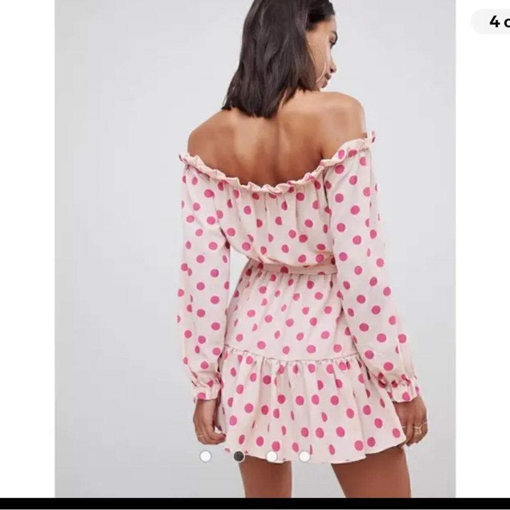 PRETTY LITTLE THING pink polka dot ruffle off shoulder dress empire waist belt 6 - Picture 2 of 10
